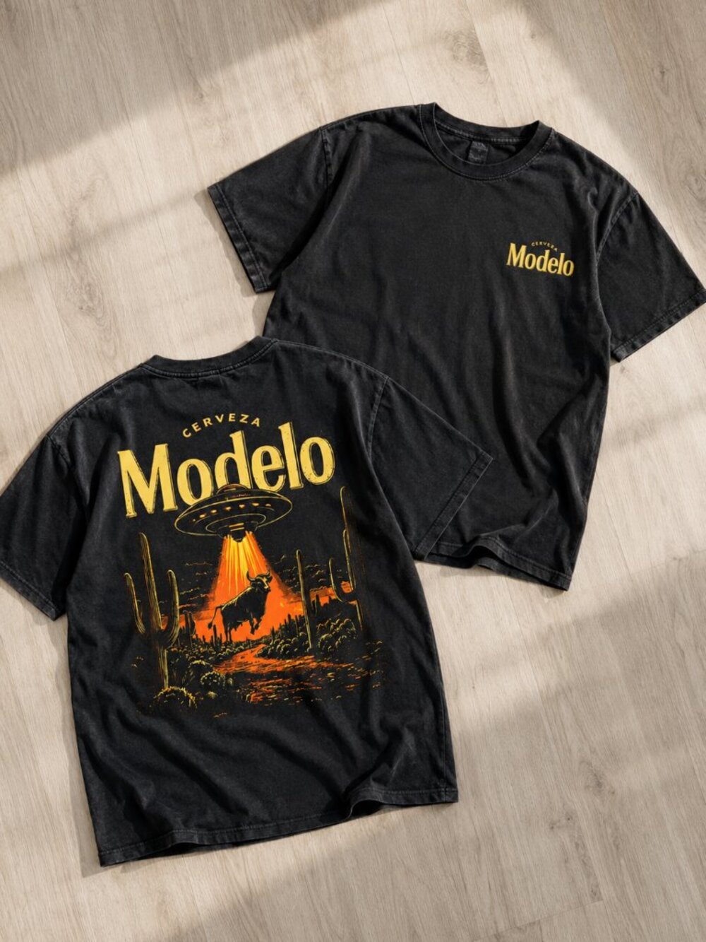 Vintage Washed Modelo Cowboy UFO Desert Graphic Tee, Retro Western Beer Shirt
